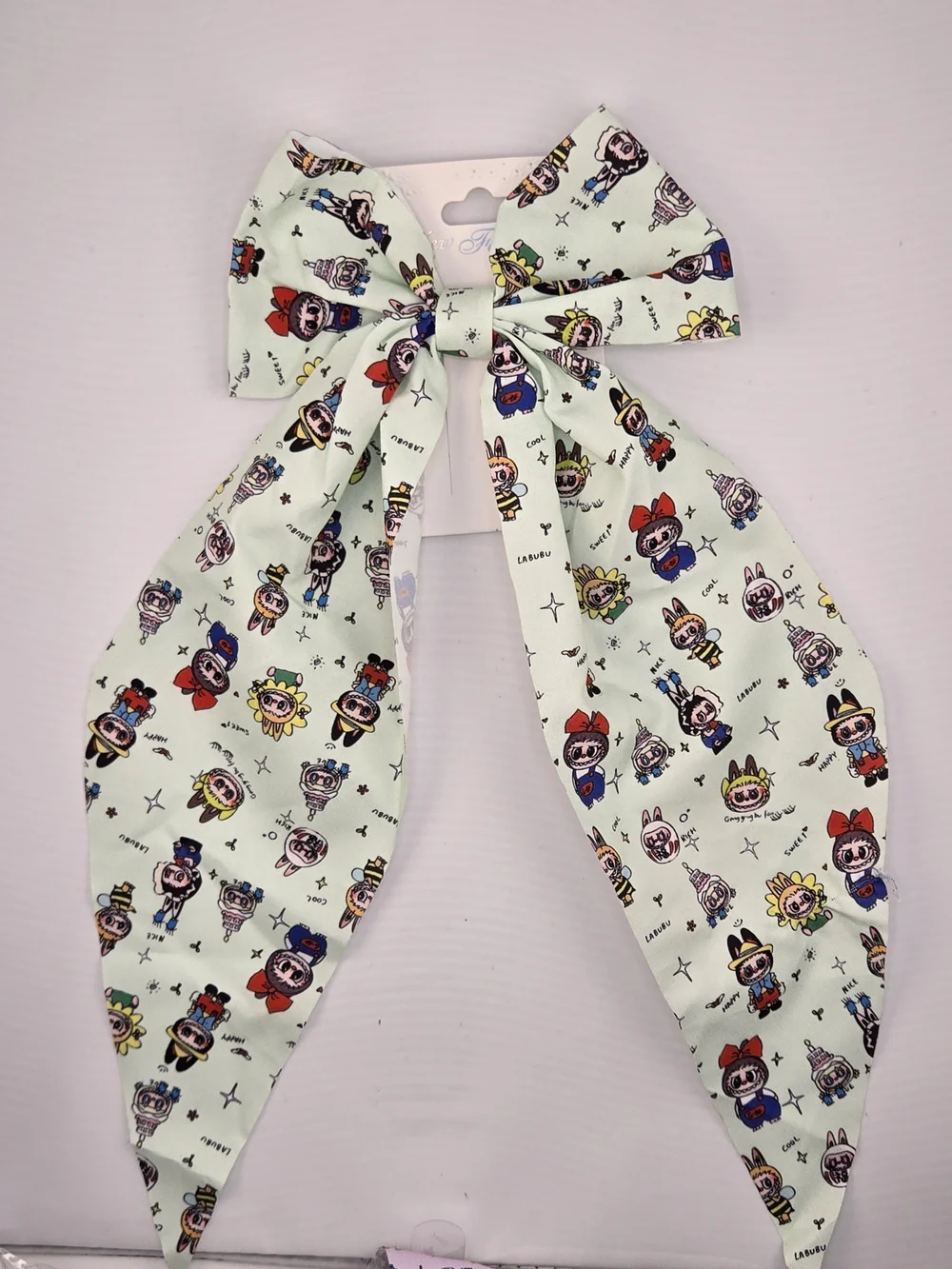 Labubu-Style Character Print Long Hair Bow – Mint Green – New